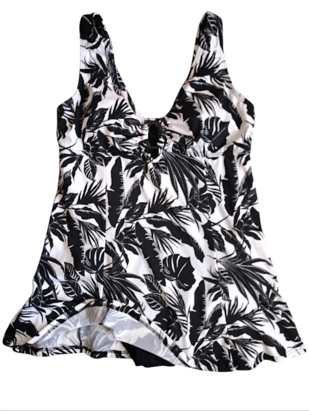 Fit 4U Black White Tropical One Piece Swimsuit Dress SZ 10 Fit 4 Ur Thighs